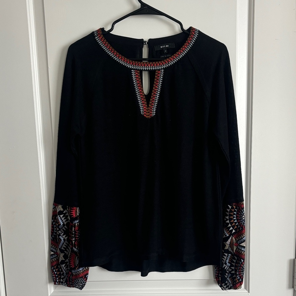 Miss Me Black Top with Red and White Embroidery